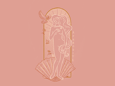 Aphrodite art deco bird goddess gold greek god illustration naive pink renaissance shell woman
