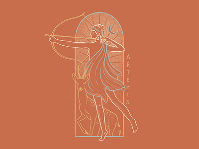 Artemis arrow deer goddess greek gods illustration line art moon mystical warrior woman
