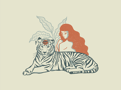 The tiger and the woman big cat fire green illustration line art plants procreate tiger woman