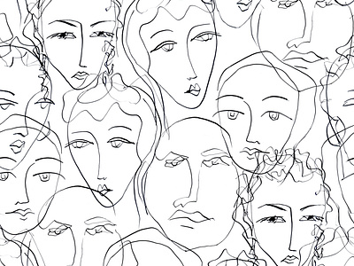 Seamless pattern. The faces are drawn in pen and ink