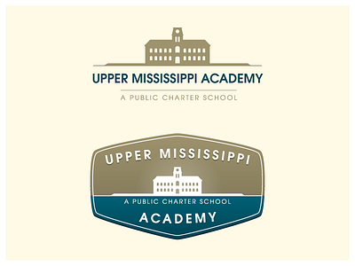 Upper Mississippi Academy Logo badge building building logo clockwork logo patch public school public school logo school school house school logo