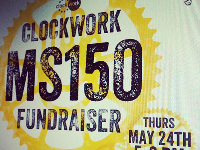 MS150 poster bike black clockwork fundraiser gears grunge poster type yellow