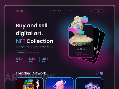 NFT Marketplace Landing Page bitcoin clean crypto cryptocurrency dark design ethereum glassmorphism landing page marketplace minimal nft art nft website nfts token ui ui design ux web design website