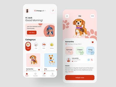 Pet Adoption App 3d app cat clean dog dog illustration minimalist mobile design mobile ui pet pet adopt pet adoption pet app pet care pet store petshop puppy social uidesign uiux