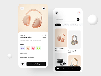 Headphone Products App adobe xd app clean creative e commerce headphone headphone design ios minimal mobile app online online store product product page shop shopping ui ui design user interface ux