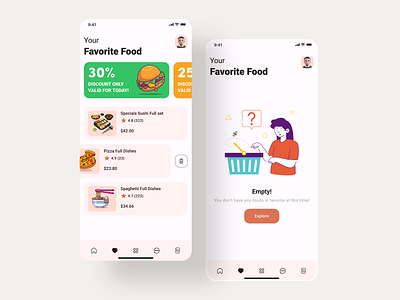 Food Delivery Mobile App (Favorite/Empty) app clean design empty fast food favourite favourites food order foodie ios minimal mobile product design restaurant app shop startup ui