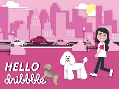 Hello Dribbblers! city pink vw bug dog walker poodle walk wave yorkie