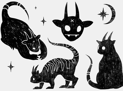 Dark cute creatures 2d art black and white creatures devils horned