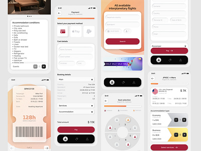 To Mars and back screens 3d airline app cart colors design flight flow graphic design interface ios journey profile shop skeuomorphism tickets trip typography ui
