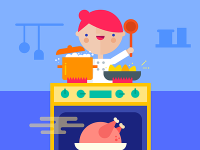 Happy Thanksgiving cooking coral dinner girl illustration kitchen thanksgiving turkey