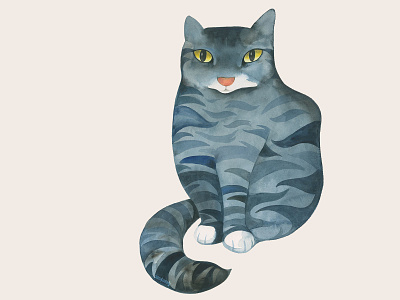 Blue Cat #14 cat folk art folkart kitty naive watercolor illustration watercolor painting