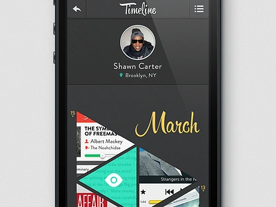 Timeline App (practice) bored brandon grotesque clean dark dark ui free time grind grid hipster script hispter ios iphone jayz just for fun matte practice shawn carter time line timeline trendy triangles typography