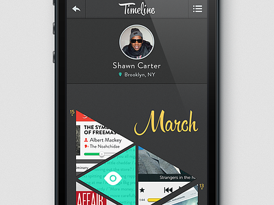 Timeline App (practice) bored brandon grotesque clean dark dark ui free time grind grid hipster script hispter ios iphone jayz just for fun matte practice shawn carter time line timeline trendy triangles typography