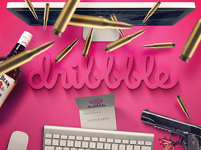 Hello Dribbble 3d bullets debut dribble gunshot illustration invite logo magenta shot shots thank-you