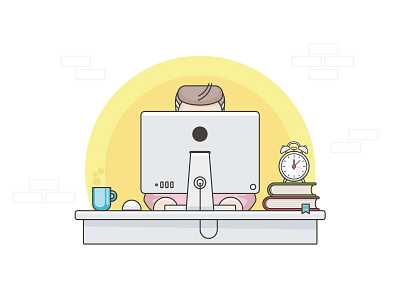 Working to a deadline books character clock desk flat flat design icon mac minimal office study working