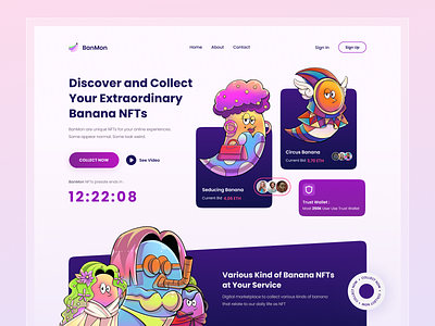Banana NFTs banana banana nft branding character colorful crypto cute design flat illustration header illustration landing logo nft ui vector wallet web