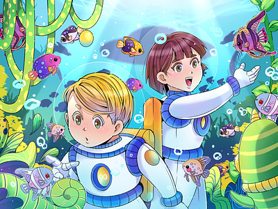 Underwater Metaverse anime astronout branding character design fish flat illustration green header illustration landing logo metaverse nft plant ui underwater vector web yellow