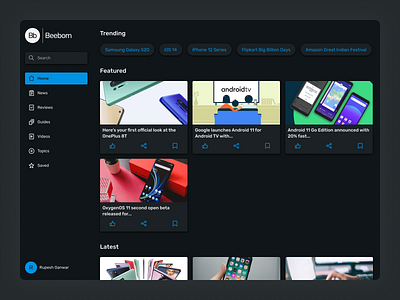 Beebom website - homepage (dark mode) dark mode design reviews tech news user experience user interface website design