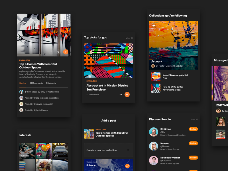 Dark Modules article collection components content digest dribbble interests ios materialup mobile news news feed people post profile read sketch social ui web
