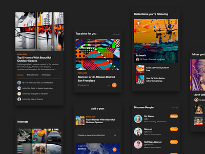 Dark Modules article collection components content digest dribbble interests ios materialup mobile news news feed people post profile read sketch social ui web