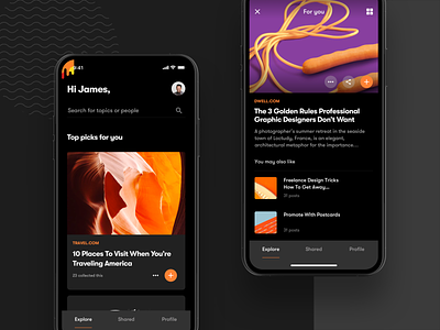 Mix Dark Layout add article dribbble home ios material ui materialup news news feed orange post profile read save tab ui uiux ux