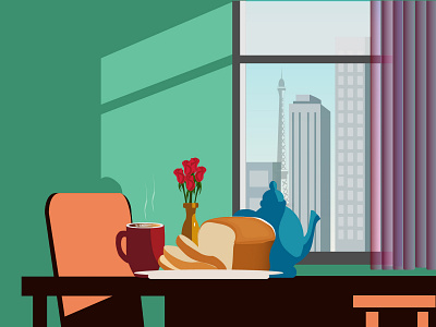 Window View bread building chair city cityview coffee colorful flowers flowervase graphic design illustration morning mug rose sky table teapot vase vector window