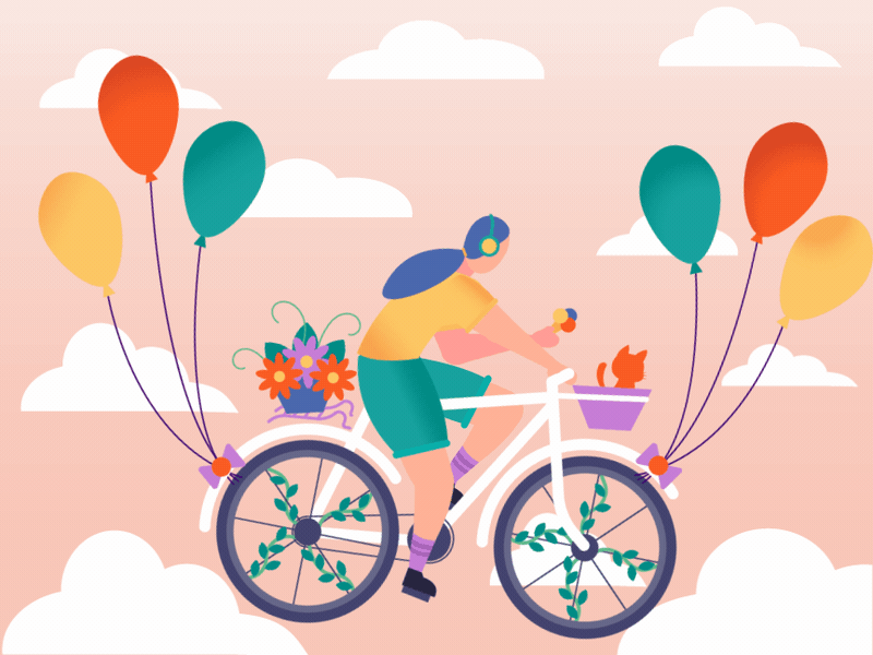fly in the clouds 2danimation baloons bicycle cat character cloud dreams flat flatdesign flowers flying girl icecream illustration noise