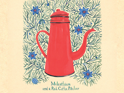 Red Coffee Pitcher botanical illustration vintage
