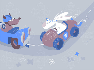 Easter bunny - racing animals blue bunny car easter grey racing road vector illustration wolf
