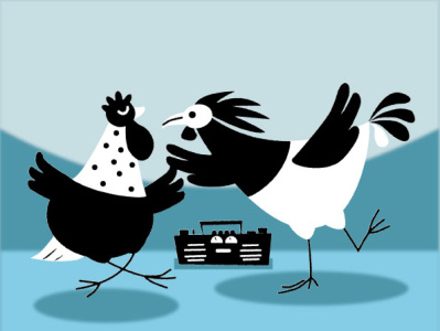 Illustration of dancing hens chickens dance graphic design hen radio rooster