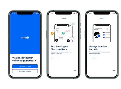 Bloc: A cryptocurrency price tracker app app blue crypto onboarding crypto price tracker crypto wallet cryptocurrency design ecommerce mobile app onboarding ui ux