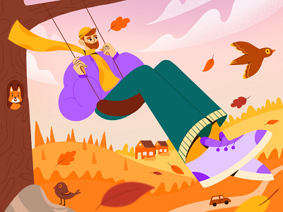 Autumn vibes🍂 art autumn bird boy car character clouds drawing illustration leaves nature procreate purple scarf sky squirrel stone sunset swing tree
