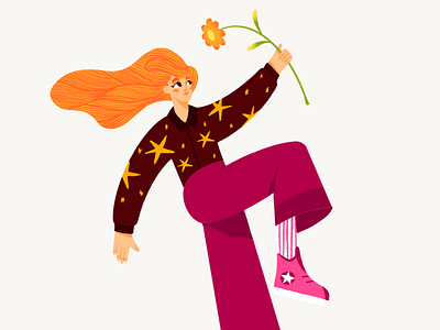 Girl with flower art character drawing flower girl hair illustration jacket pose procreate stars trouses