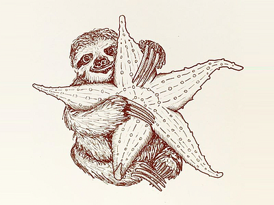 S is for Sloth... snuggling a starfish animals illustration pen and ink