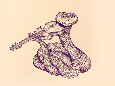 V is for... a viper playing a violin illustration pen and ink sketch