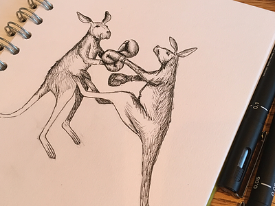K is for Kangaroos kicking.. animals illustration pen and ink sketch