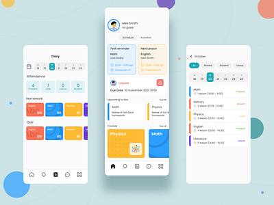 Education management app | Diary, main & attendance screens app app design attendance branding design diary education main managment online school student teacher ui ux