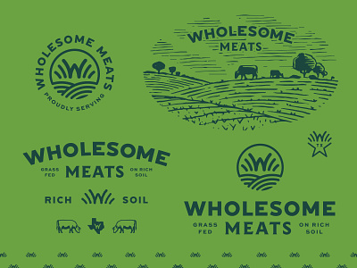 Wholesome Meats - Brand System badge brand identity branding branding design cow farm grass fed hills illustration logo logotype meat meats san antonio texas vector wholesome