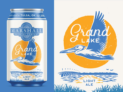 Grand Lake Light Ale beer art beer branding beer can bird craft beer grand lake illustration light ale merchandise oklahoma packaging design pelican tshirt water