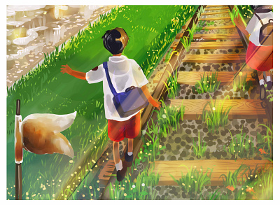 Walking home boy children book illustration girl illustration indonesian javanese culture rail way