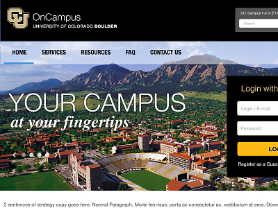 CU-Bolder OnCampus Housing and Dining Portal Homepage black blue boulder college colorado education gold helvetica neue home mountain photo