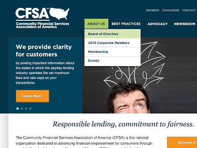 CFSA Redesign button campaign dropdown finance georgia gotham header homepage italic navigation orange