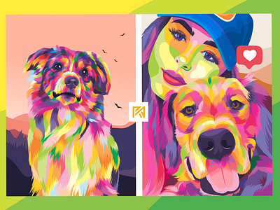 Couple with dog in pop art portrait illustration