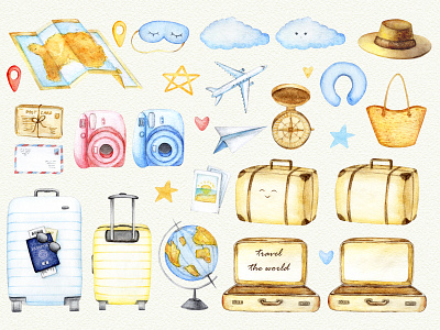 Travelling watercolor clipart adorable camera clipart cute fly graphic hat illustration kids map pattern picture suitcase travel travelling trip watercolor