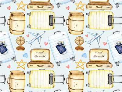 Travelling watercolor seamless pattern adorable agency blue childish clipart cute graphic illustration kids pattern seamlesss suitcase travel travelling