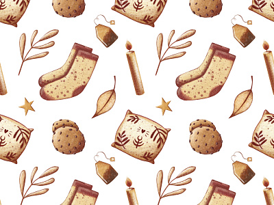 Cozy hygge seamless pattern adorable background clipart cute graphic illustration ochre