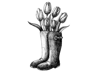 Bouquet of tulips in rubber boots floral illustration