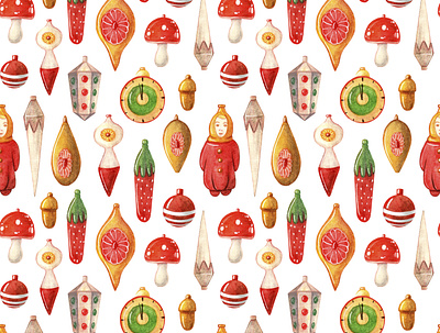 Vintage Christmas toys watercolor seamless pattern. joy