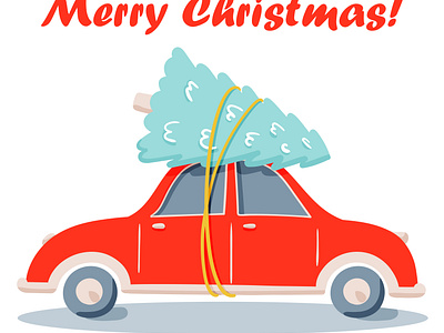 Flat vector drive red car with pine Christmas tree doodle