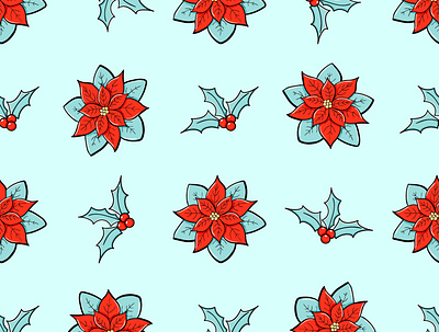 Poinsettia and holly branches vector seamless pattern. Winter fl holly branches